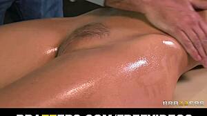 Busty blonde milf's oily massage turns into sweaty sex with fingering and blowjob