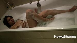 indian babe kavya with natural tits fingers her tight pussy in bathtub with hindi audio