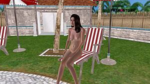 this cute girl in 3d cartoon gives sexy poses and showers by the pool