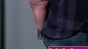 busty english blonde tugging cock before facial in stockings