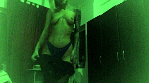 Blonde cam girl strip at home in black stockings