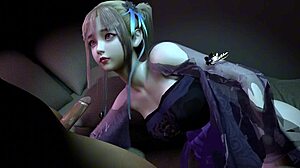 This 3D cute blonde babe in outfit has sex with a big dick stranger, squirting cum.