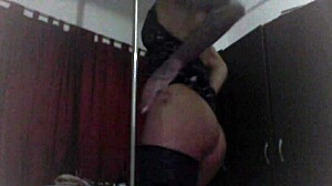 Blonde cam girl strip at home in black stockings