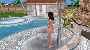 this cute girl in 3d cartoon gives sexy poses and showers by the pool