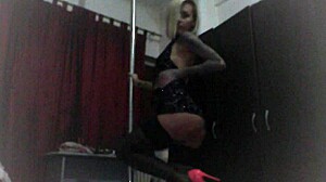 Blonde cam girl strip at home in black stockings