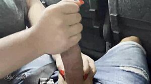 milf risks a sneaky blowjob on a crowded travel bus