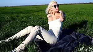 Doggystyle sex in the field big boobs tattoo girl juicy pussy cum on ass blowjob cum clean up creampie cleanup guy eats own cum self cum eat