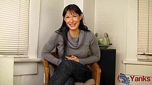 Fit shy Angela James humps counter to wild orgasms.