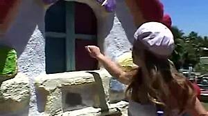 Teen April teases solo in outdoor play.