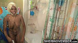 i watch ebony babe msnovember get naked in bathroom after swimming, showing petite 18+ cunt close up