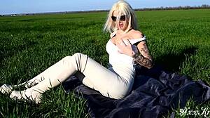 Doggystyle sex in the field big boobs tattoo girl juicy pussy cum on ass blowjob cum clean up creampie cleanup guy eats own cum self cum eat