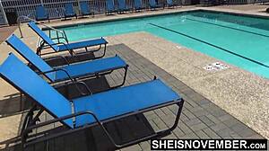 i watch ebony babe msnovember get naked in bathroom after swimming, showing petite 18+ cunt close up