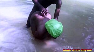 Ebony Brunette Reveals Bush in Shanty Town