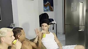 Nephew arrives early and catches uncles in intense threesome