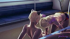 Harley quinn showing her femboy skills with hand and mouth? sissy japanese yaoi action!