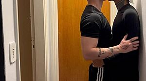 young guys kissing get caught on building camera with monster cocks