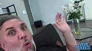 Busty blonde angel sucks huge cock by pool for facial