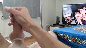 Skinny german guy watches homemade gay porn pov and jerks off with cock ring until cumshot