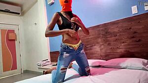 Masked brunette stepsister teases for Halloween in hotel bed.