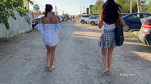 Two Girls Flash Pussies in Public Without Panties for All to See