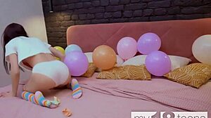 My18teens - skinny girl with small tits blows up balloons and fucks herself with a dildo