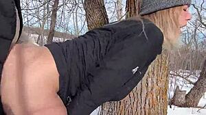 Outdoor sex in the park in winter