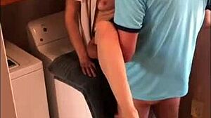 sexy milf surrenders to neighbor boy in laundry room, wearing heels