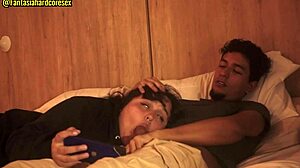 Stepsister sucks my dick after movie, almost caught!