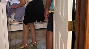 sexy milf surrenders to neighbor boy in laundry room, wearing heels