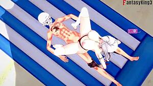 Arlecchino gets wild with ahegao bikini action on the beach in Genshin Impact fantasy.