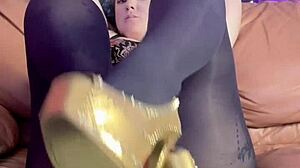 intense masturbation in black pantyhose with hairy pussy and nylon leggings leading to orgasm!