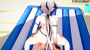 Arlecchino gets wild with ahegao bikini action on the beach in Genshin Impact fantasy.