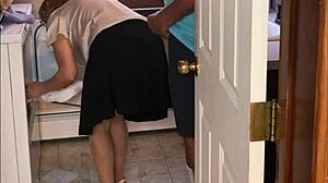 sexy milf surrenders to neighbor boy in laundry room, wearing heels