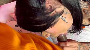 tattooed brunette amateur blowjob by pool