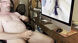 Daddy cums hard watching gay porn solo with toys