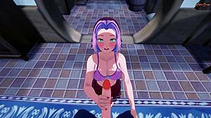 Sakura swallows cum then gets POV doggystyle against wall