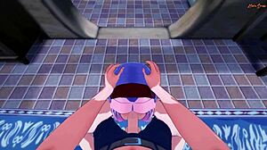 Sakura swallows cum then gets POV doggystyle against wall