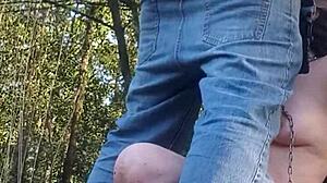 Look at me flashing my tits in the forest! the slave exclaims during exhibition.