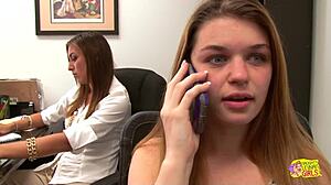 instead of working, rilynn rae and anastasia rose indulge in taboo lesbian sex in the office, licking pussy to orgasm.