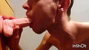 Gay twink joe nuts giving his new dildo a blowjob