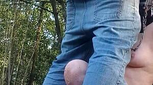 Look at me flashing my tits in the forest! the slave exclaims during exhibition.