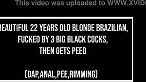 Stunning Brazilian blonde, 22, drilled by three huge cocks in wild anal.