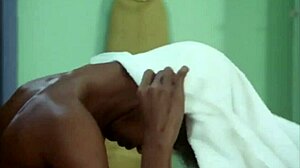 Sexy ebony girl undresses in steamy bathroom scene