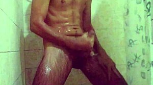 Two cumshots while showering with cum dripping