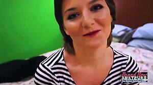 Petite brunette Kylie with green eyes and big tits sucks cock, licks pussy, and swallows cumshot