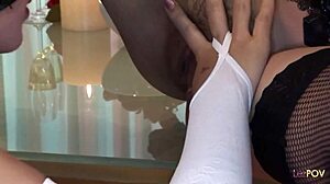 mintra and sansanee fuck hard with big red dildo on glass table