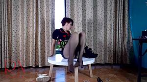 I love this milf's pantyhose striptease at the table