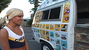 Kacey Jordan bangs her mouth with ice cream before sex, shaved pussy exposed.