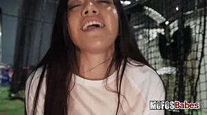 busty brunette rides and sucks dick after batting practice with alice thunder and joey