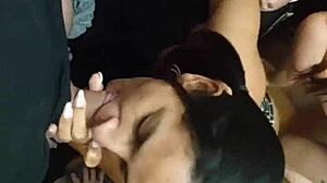 Party men line up for fun, finishing with a facial surprise on my face.